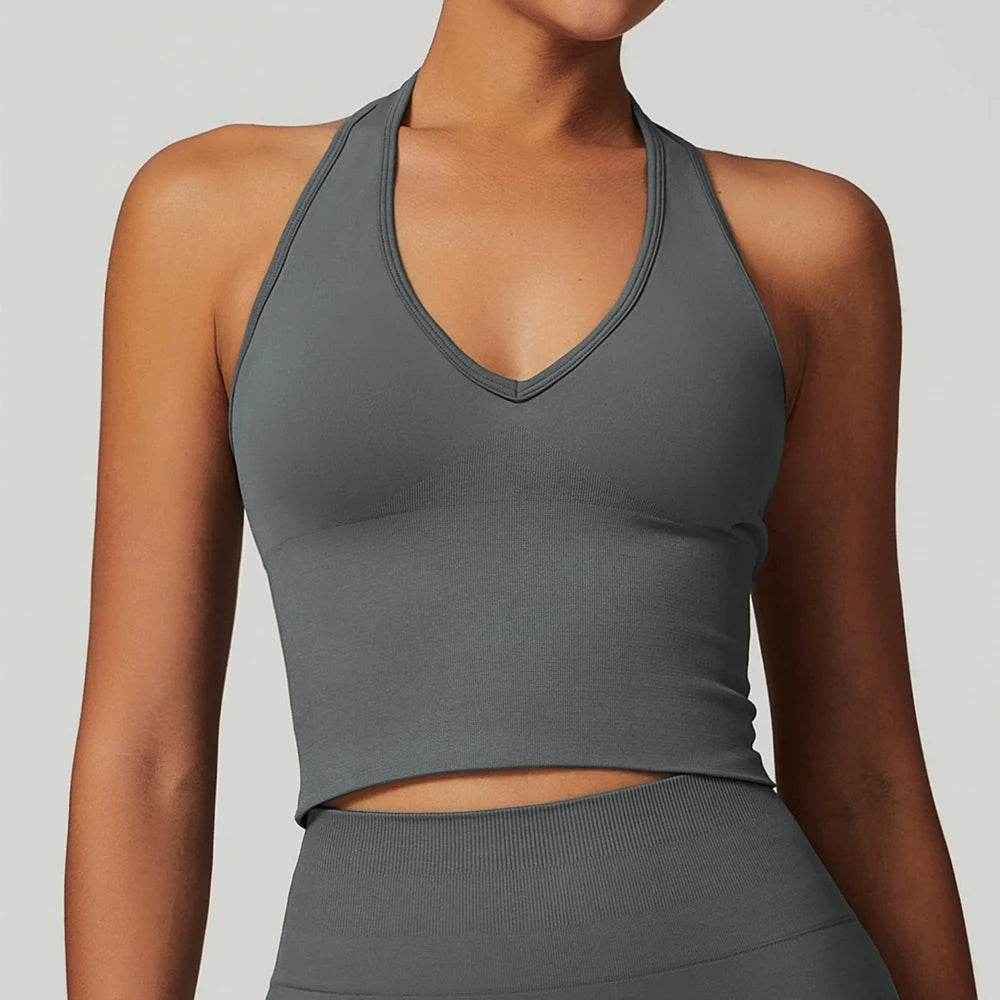 Sexy Halter Yoga Bra Seamless Sport Underwear Women V-neck Fitness Gym Top
