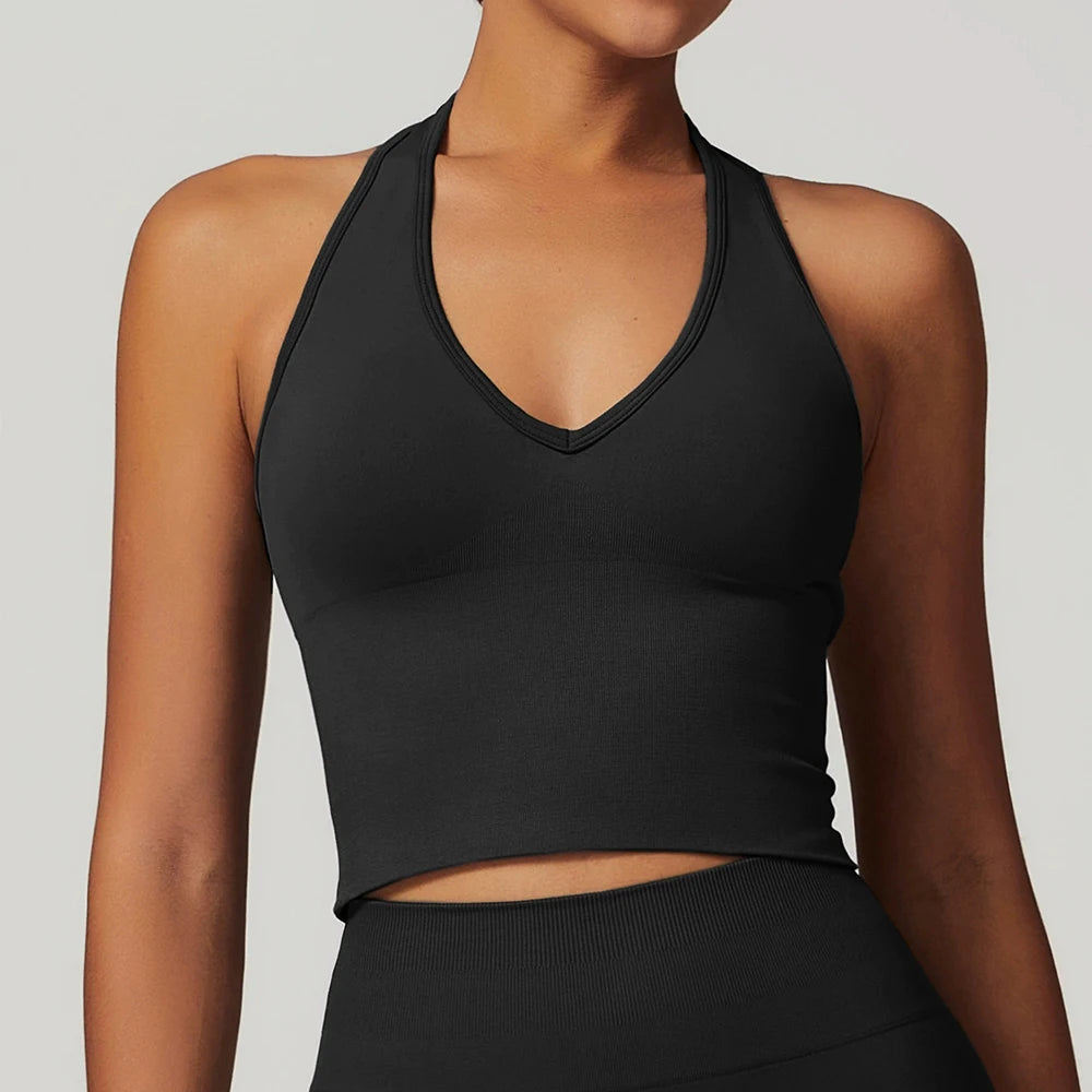 Sexy Halter Yoga Bra Seamless Sport Underwear Women V-neck Fitness Gym Top