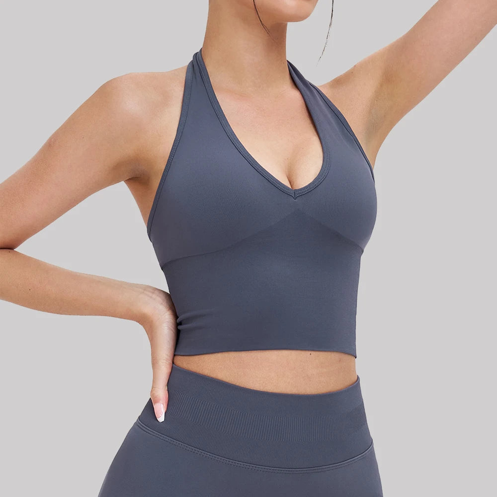 Sexy Halter Yoga Bra Seamless Sport Underwear Women V-neck Fitness Gym Top