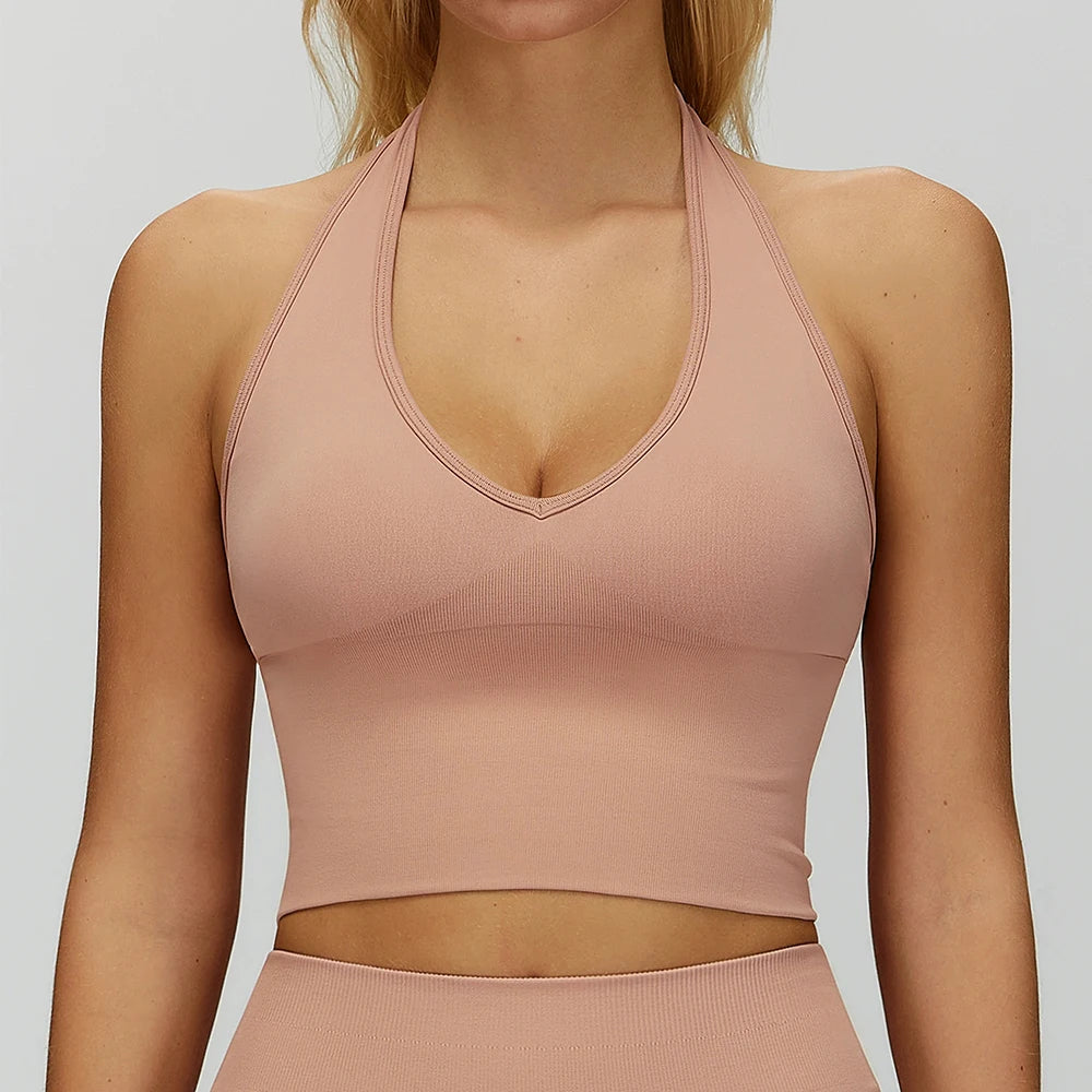 Sexy Halter Yoga Bra Seamless Sport Underwear Women V-neck Fitness Gym Top